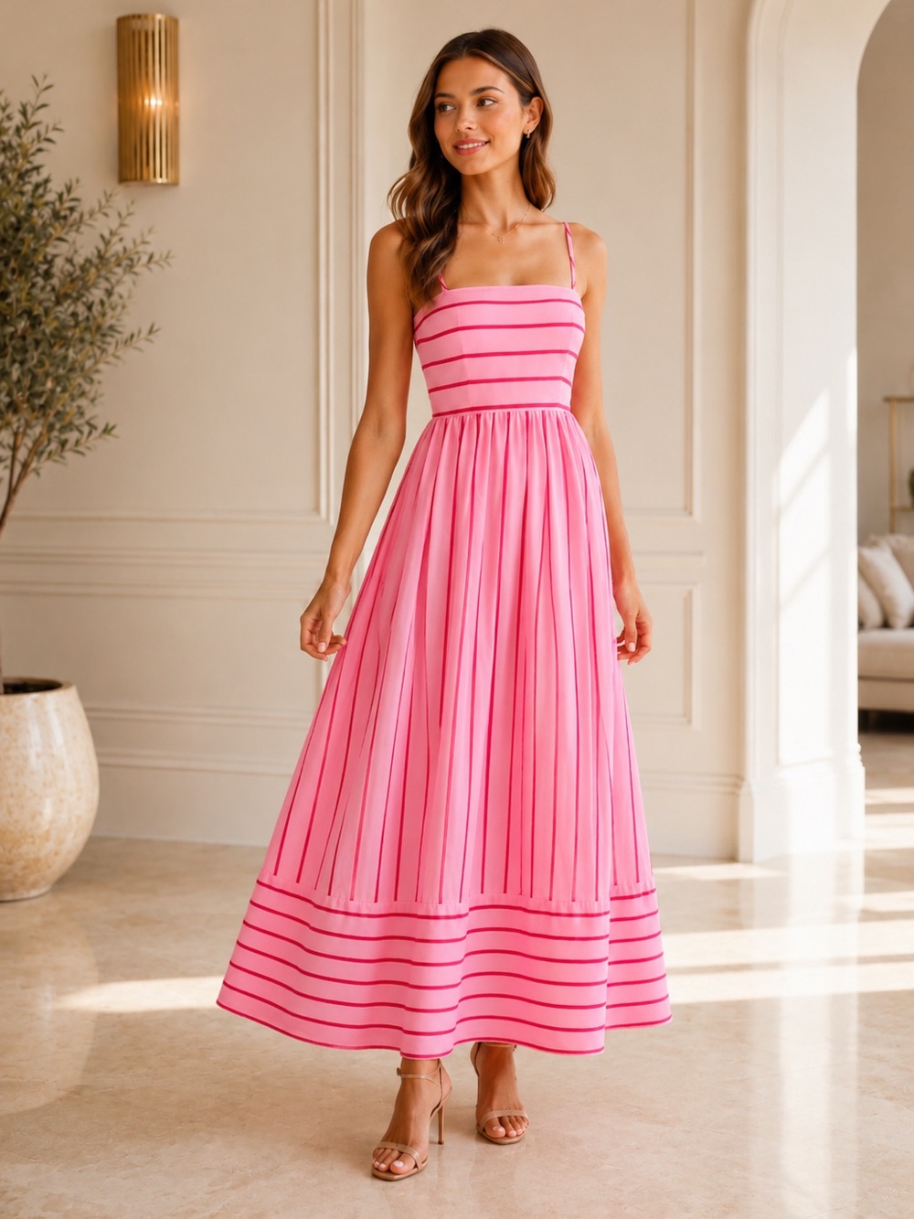65- NEW Pink Stripe Backless Summer‎ Midi Dress Vacation Chic